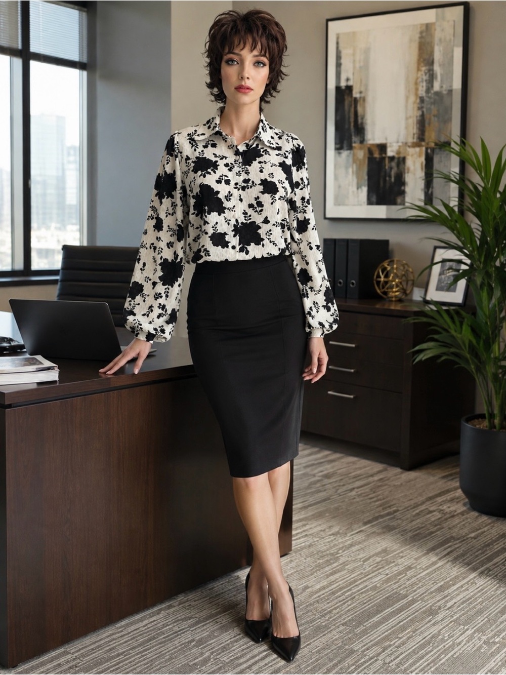 Q2 designs black and off white floral print blouse